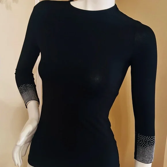 KIKIRIKI Black Long-Sleeve Crewneck Top with Crystal-Embellished Cuffs size S - Picture 6 of 15